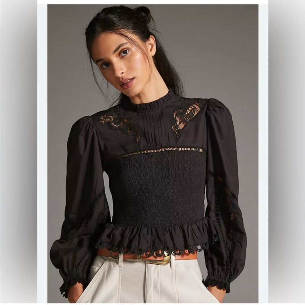 FARM Rio Smocked Puff Sleeve Blouse with Mandarin Collar